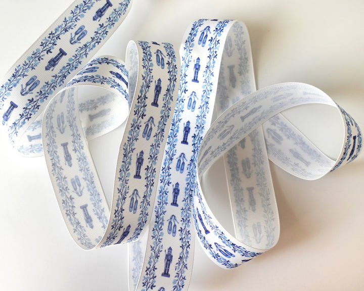 Blue & White Rose Nutcracker Grosgrain Ribbon