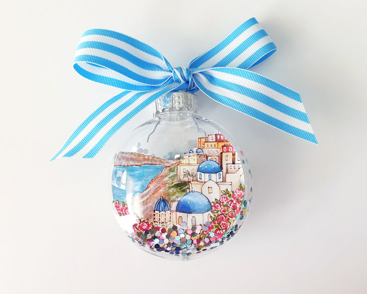 Santorini Greece Glitter Christmas Ornament