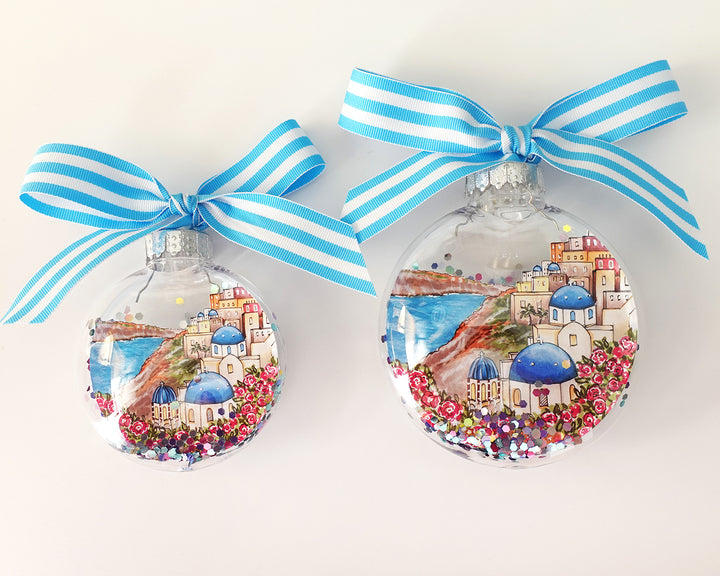Santorini Greece Glitter Christmas Ornament