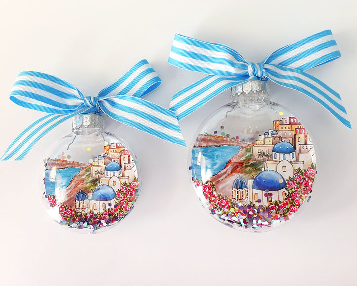 Santorini Greece Glitter Christmas Ornament