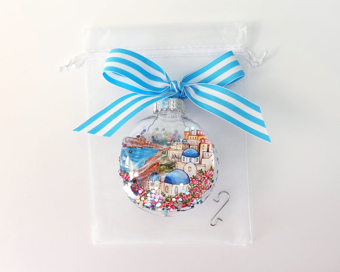 Santorini Greece Glitter Christmas Ornament