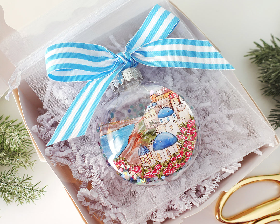 Santorini Greece Glitter Christmas Ornament