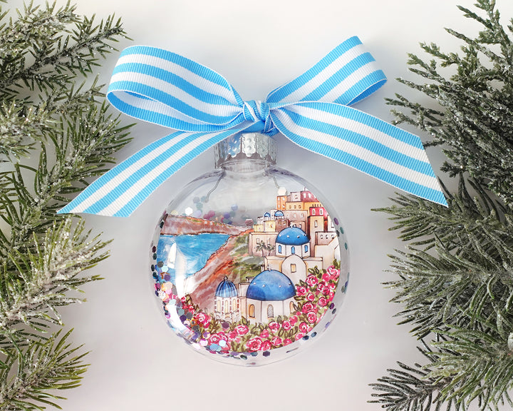 Santorini Greece Glitter Christmas Ornament