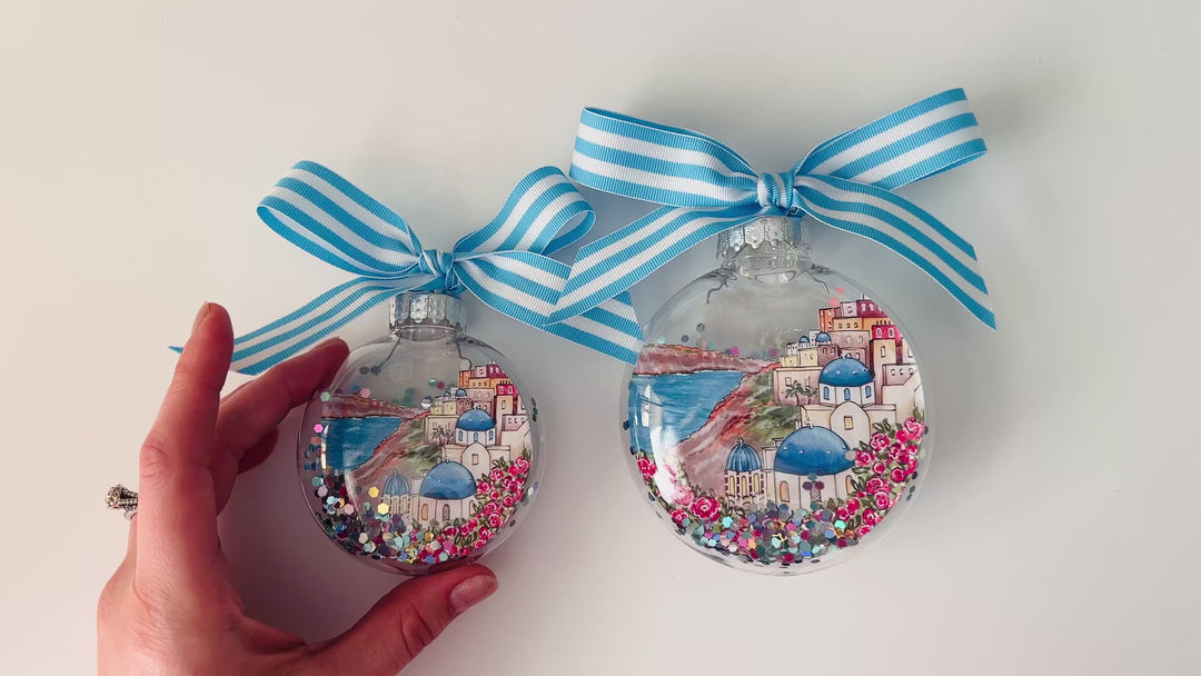 Santorini Greece Glitter Christmas Ornament