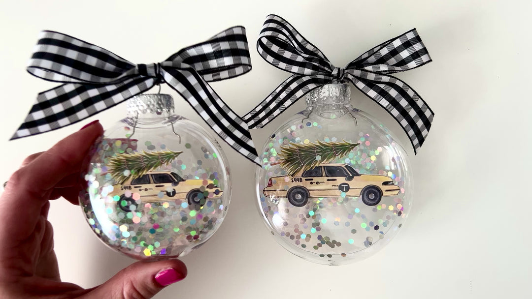 Taxi Cab Christmas Tree NYC Glitter Christmas Ornament