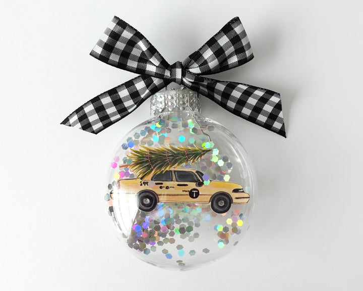 Taxi Cab Christmas Tree NYC Glitter Christmas Ornament