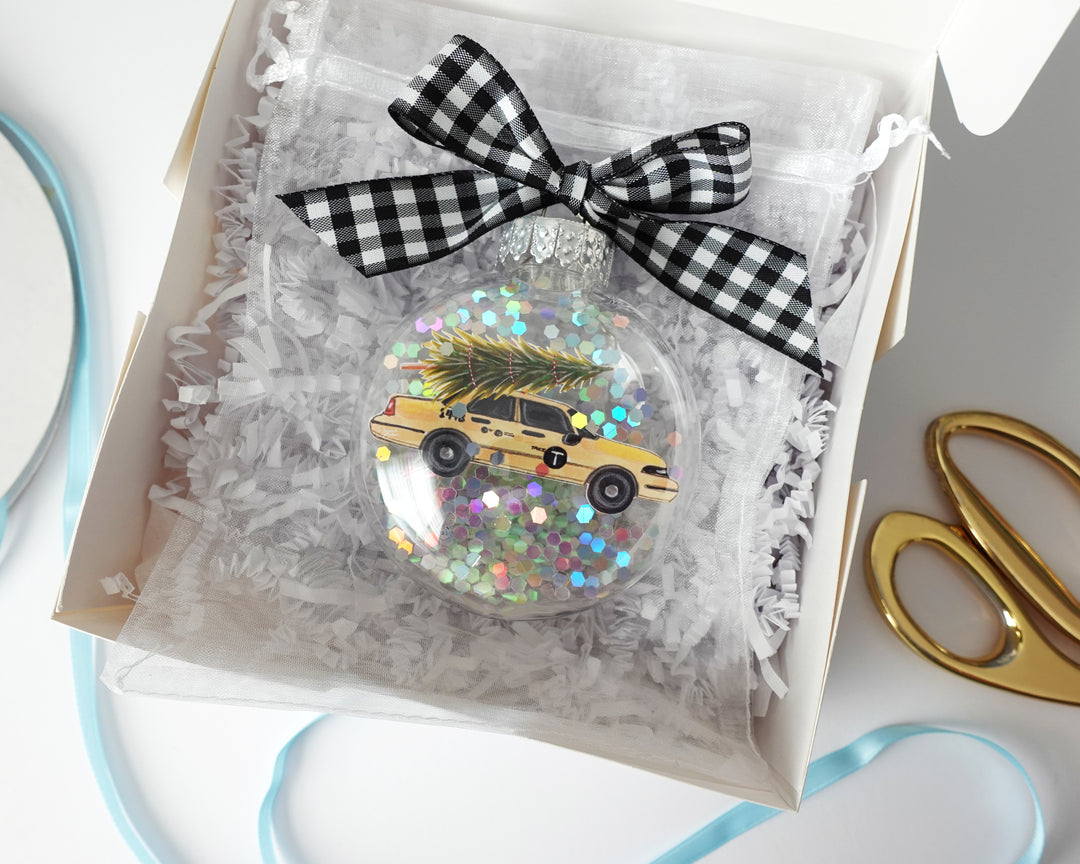 Taxi Cab Christmas Tree NYC Glitter Christmas Ornament