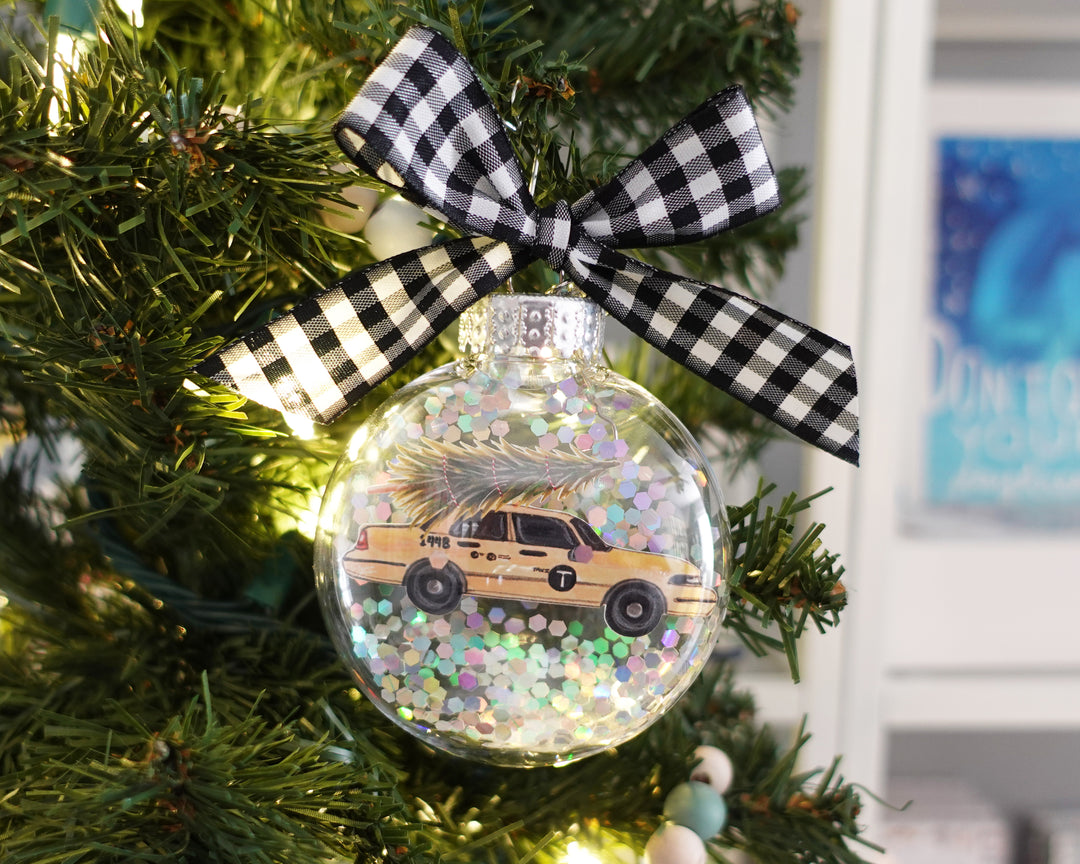 Taxi Cab Christmas Tree NYC Glitter Christmas Ornament